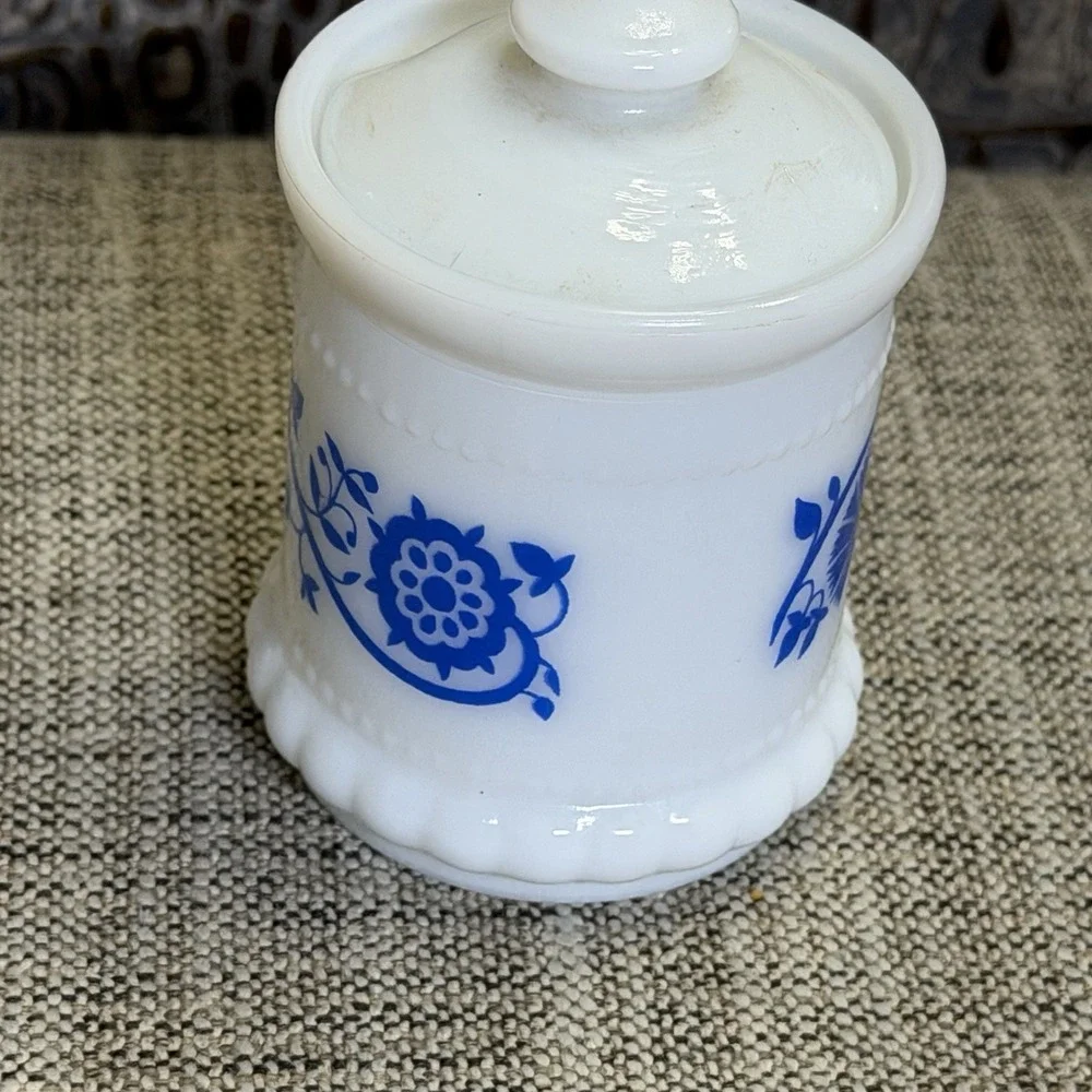 Hazel‎ Atlas White Milk Glass Blue Sweet Pea Mustard Spice ApothecaryJars W/Lid